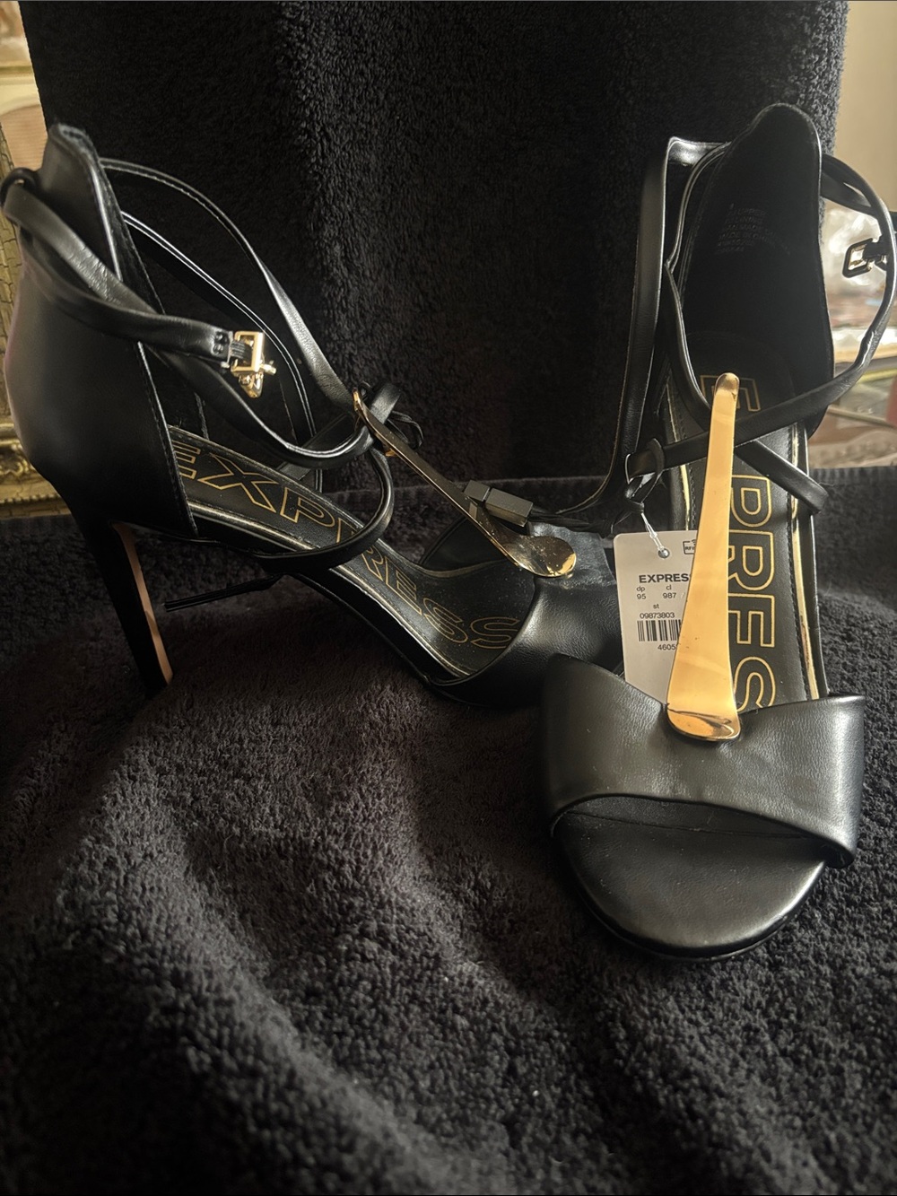 Express Black Strappy T-Bar High Heels with Gold Accent